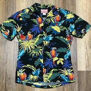 Vtg RJC Hawaiian Shirt Small Floral Parrots Palms Short Sleeve AOP Camp Tropical